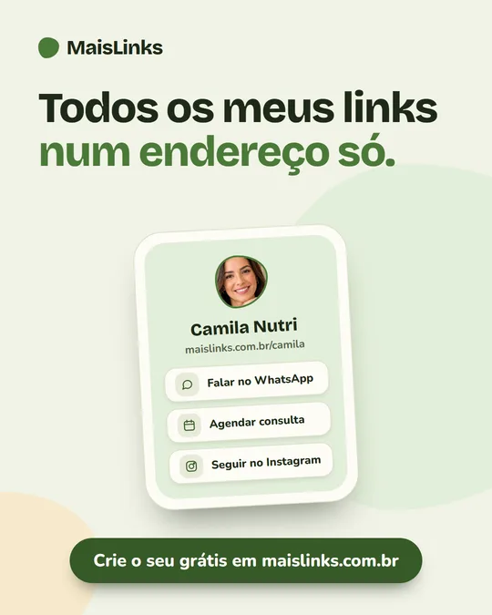 Arte de divulgação do MaisLinks: "Todos os meus links num endereço só", com um perfil de exemplo e o endereço maislinks.com.br